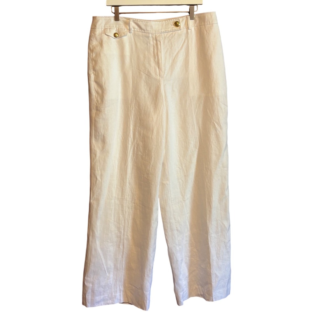 NWR Talbots Greenwich Wide Leg Pants White Linen High Waist 14 Coastal Old Money